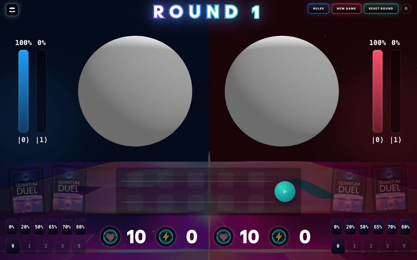 The Quantum Duel engine: two qubits over the arena with probability bars, circuit strip, and card controls
