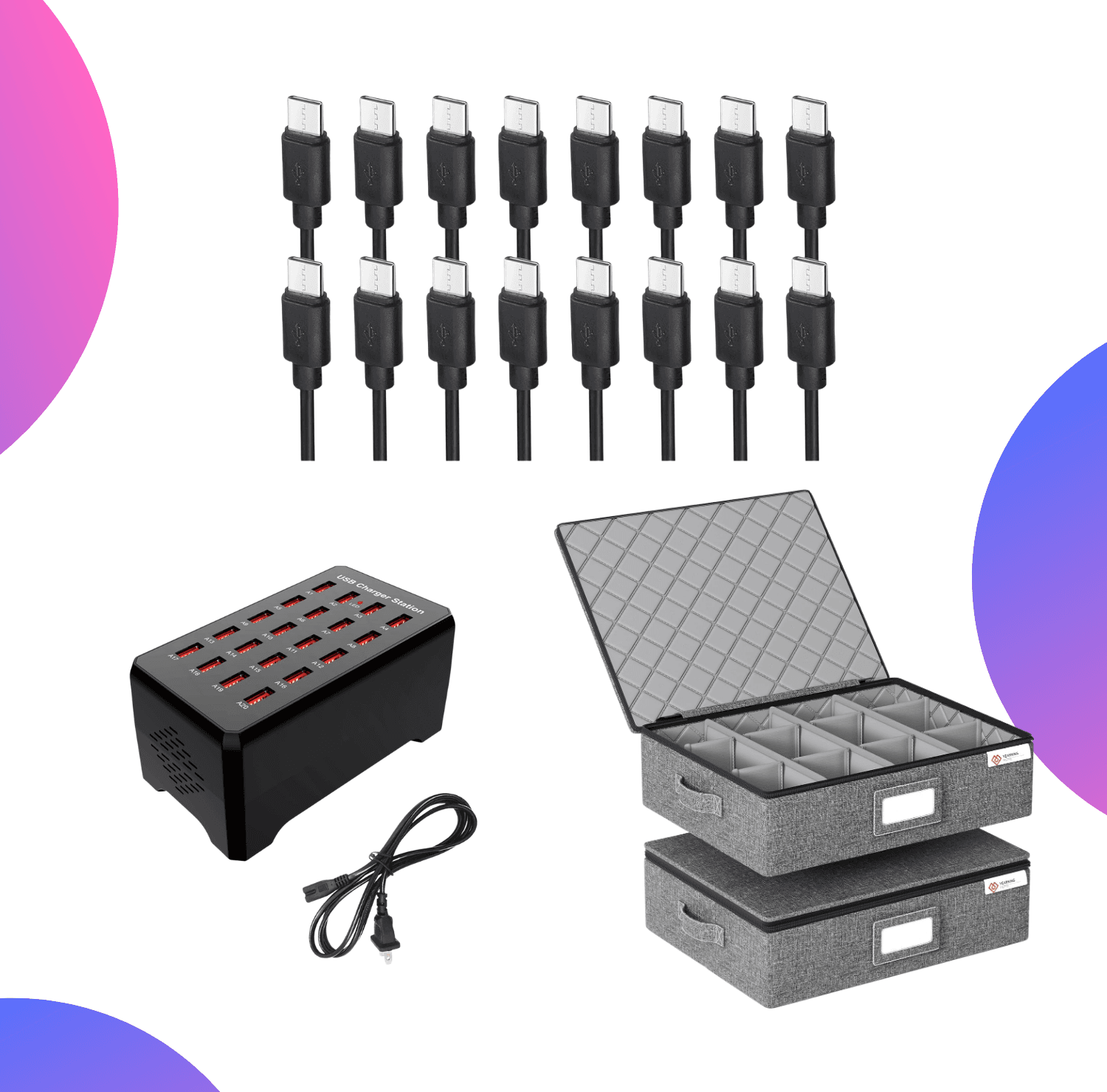Custom Classroom Accessory Pack: charging hubs, carrying cases, USB-C cables