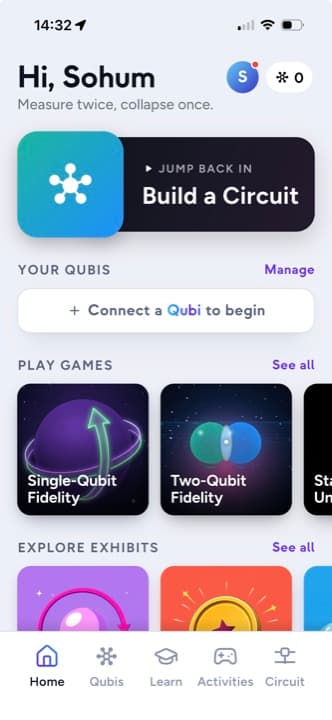 The Qubi app's home screen with Build a Circuit, Your Qubis, and Play Games