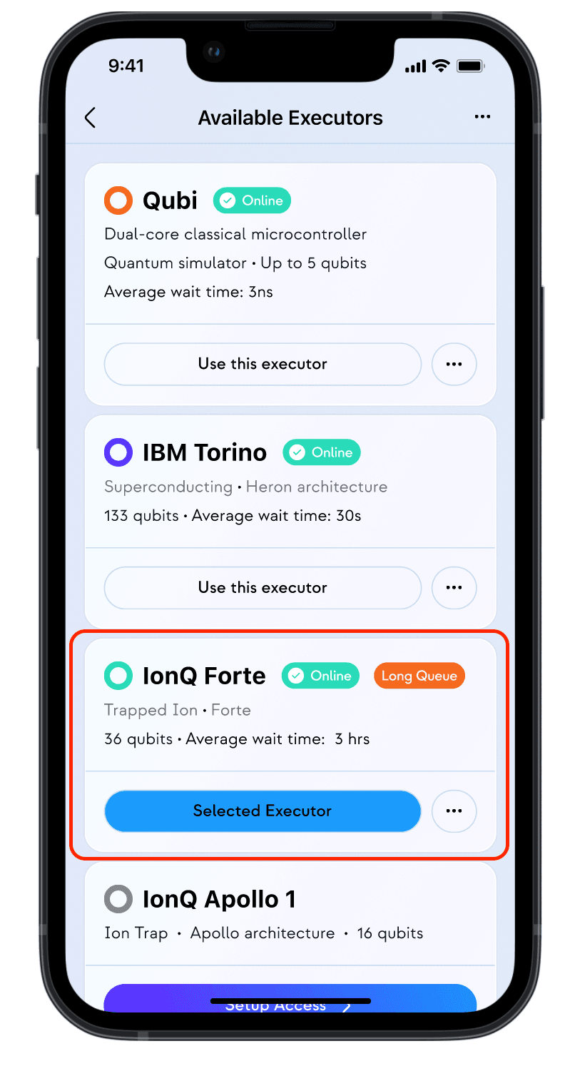 Selecting an executor in the Qubi app